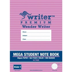 WONDER WRITER MEGA STUDENT NOTE BOOK 64 PAGE QLD YEAR 2 RULED 6MM RED MG WONDER 7