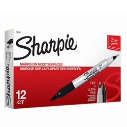 Sharpie Twin Tip Permanent Marker Fine 1.0mm And Ultra Fine 0.3mm Black Pack Of 12