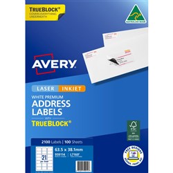 Avery Trueblock Address Labels Laser L7160 63.5 x 38.1mm 21UP 2100 Labels