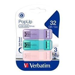 Verbatim PopUp USB 2.0 Drive 32GB Assorted Pastels Pack Of 3