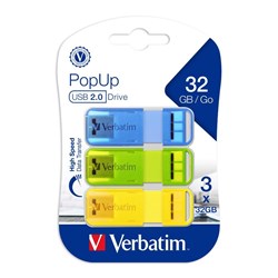 Verbatim PopUp USB 2.0 Drive 32GB Assorted Brights Pack Of 3