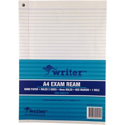 WRITER EXAM PAPER A4 60GSM 8MM RULED + MARGIN HOLE PUNCHED 500 sheets