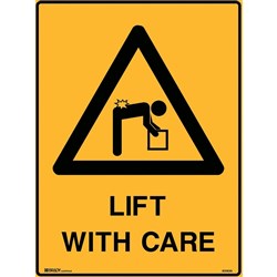 Brady Warning Sign Lift With Care 450W x 600mmH Polypropylene Yellow And Black